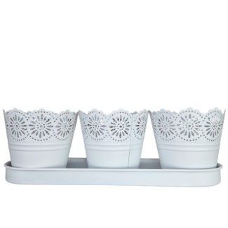 Set 3 ghivece cu tava, din metal, Naimeed D2603, Alb Set 3 ghivece cu tava, din metal, Naimeed D2603, Alb