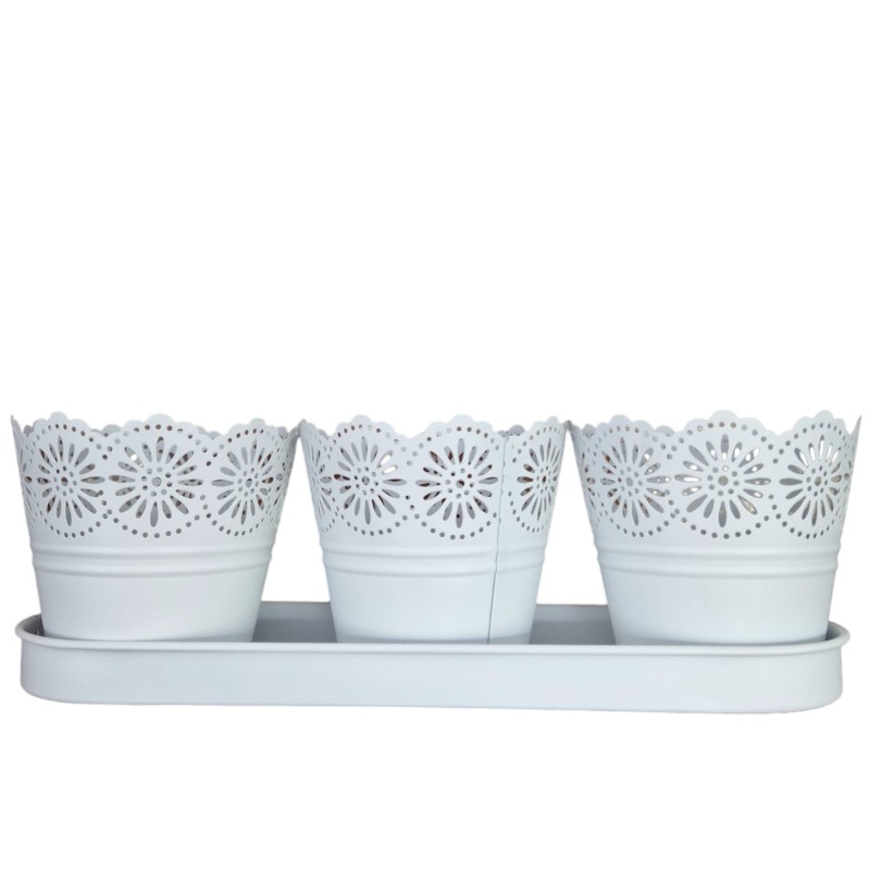 Set 3 ghivece cu tava, din metal, Naimeed D2603, Alb Set 3 ghivece cu tava, din metal, Naimeed D2603, Alb