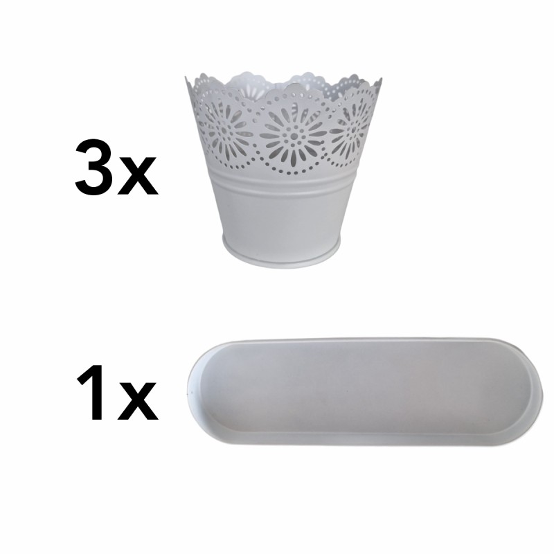 Set 3 ghivece cu tava, din metal, Naimeed D2603, Alb Set 3 ghivece cu tava, din metal, Naimeed D2603, Alb