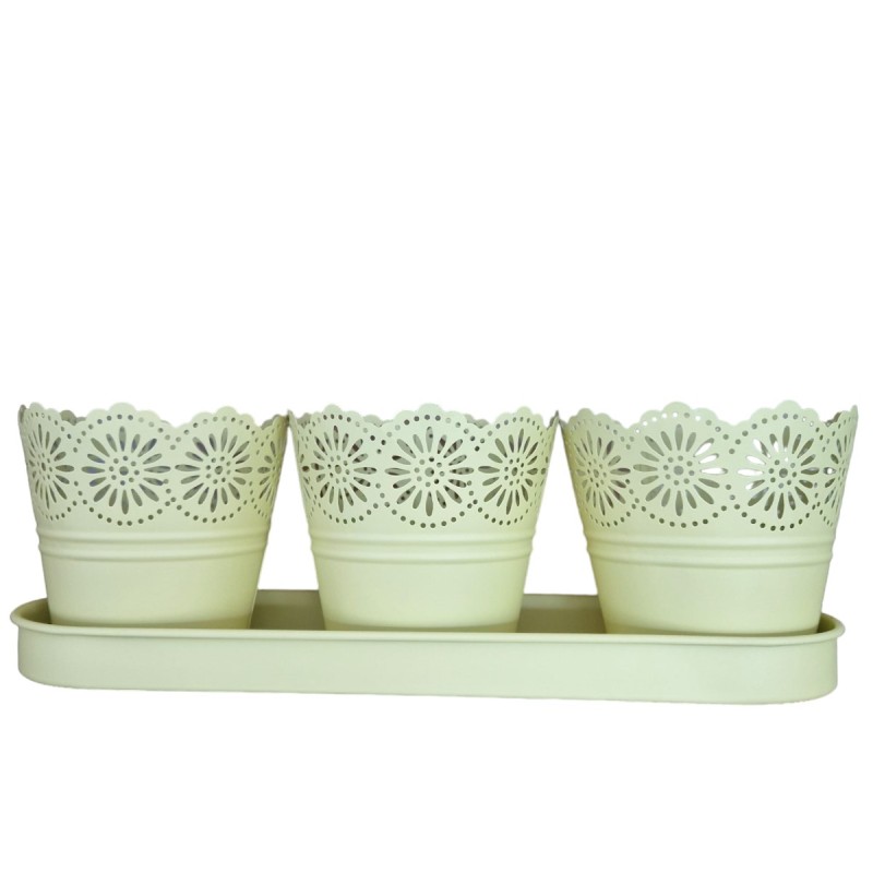 Set 3 ghivece cu tava, din metal, Naimeed D2603, Alb Set 3 ghivece cu tava, din metal, Naimeed D2603, Alb