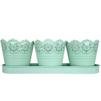 Set 3 ghivece cu tava, din metal, Naimeed D2603, Verde Set 3 ghivece cu tava, din metal, Naimeed D2603, Verde