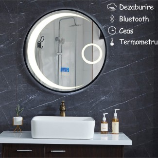 Oglinda de baie cu iluminare Led, Diametru 58.5cm, D3301/Functii dezaburire, Bluetooth, Ceas, Termometru
