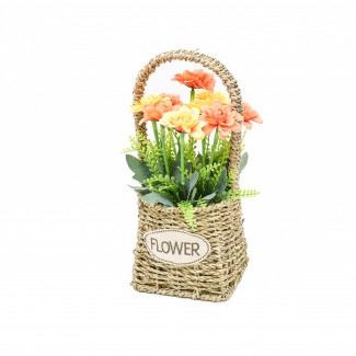 Aranjament floral in cosulet de ratan, D2855, 32x15cm, portocaliu/crem