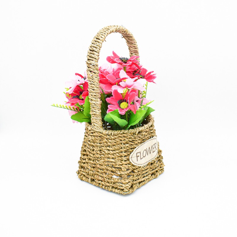 Aranjament floral in cosulet de ratan, D2855, 32x15cm, rosu/roz