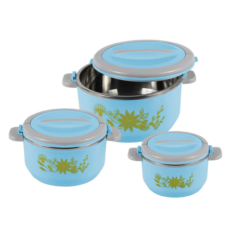 Caserola termica, set 3 piese, cu interior din inox, Naimeed D4810, Albastru Caserola termica, set 3 piese, cu interior din inox, Naimeed D4810, Albastru
