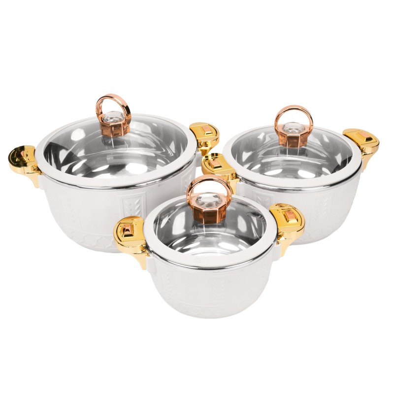 Caserola termica, set 3 piese, Thermo Class, cu interior din inox, Naimeed D6701, Alb Caserola termica, set 3 piese, Thermo Class, cu interior din inox, Naimeed D6701, Alb