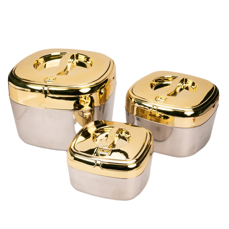 Caserola termica, set 3 piese, Thermo Class, cu interior din inox, Naimeed D6705, Auriu Caserola termica, set 3 piese, Thermo Class, cu interior din inox, Naimeed D6705, Auriu