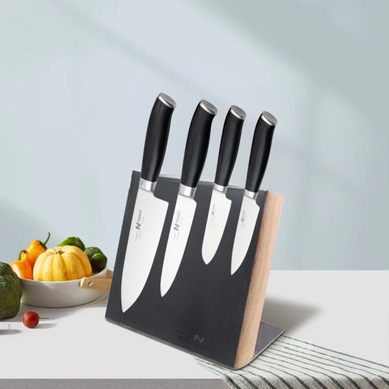 Set 4 cutite profesionale cu suport magnetic, Naimeed D6832, Negru