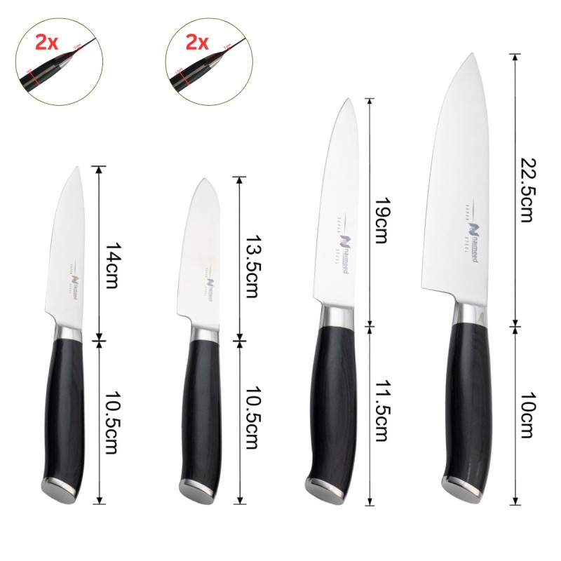 Set 4 cutite profesionale cu suport magnetic, Naimeed D6832, Negru