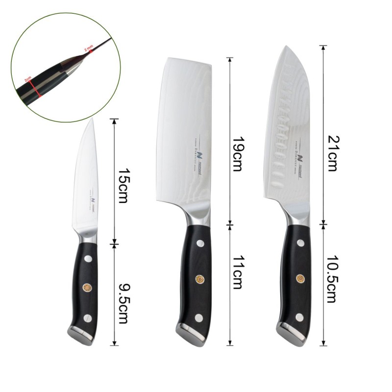 Set 3 cutite profesionale, din otel Damascus, Naimeed D6834, damasc 67 de straturi, Negru Set 3 cutite profesionale, din otel Damascus, Naimeed D6834, damasc 67 de straturi, Negru