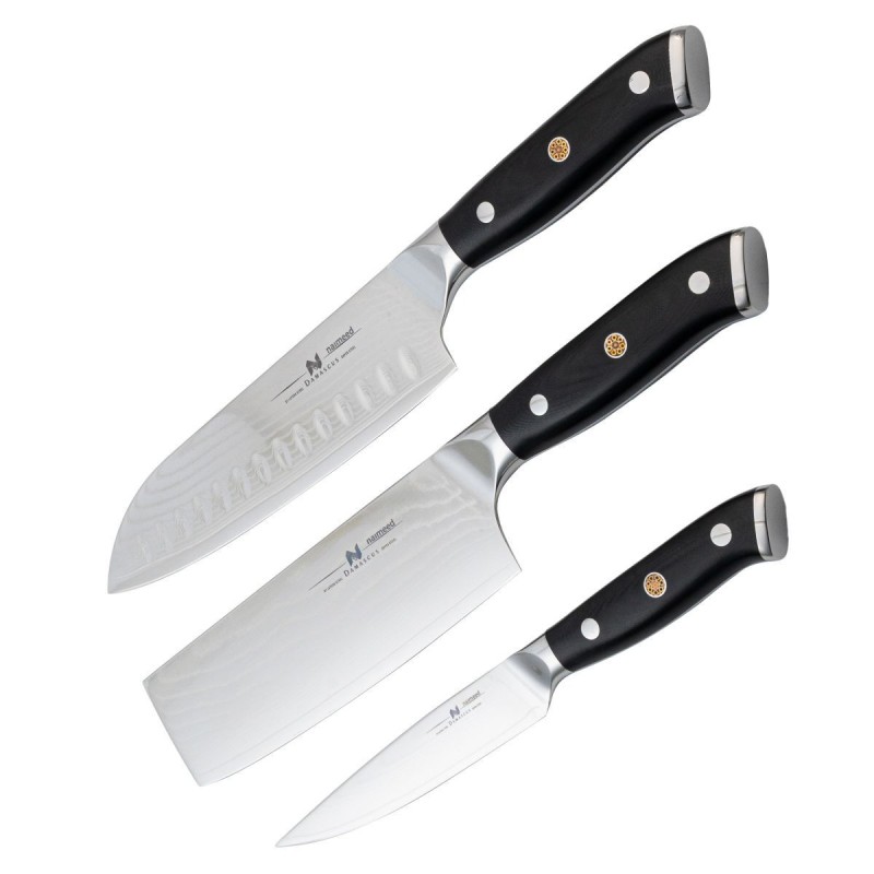 Set 3 cutite profesionale, din otel Damascus, Naimeed D6834, damasc 67 de straturi, Negru Set 3 cutite profesionale, din otel Damascus, Naimeed D6834, damasc 67 de straturi, Negru