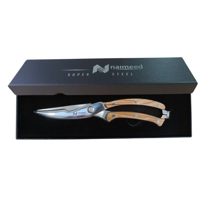 Foarfeca de bucatarie multifunctionala, otel inoxidabil si maner din lemn, 25 cm, Naimeed D6839, Maro deschis Foarfeca de bucatarie multifunctionala, otel inoxidabil si maner din lemn, 25 cm, Naimeed D6839, Maro deschis