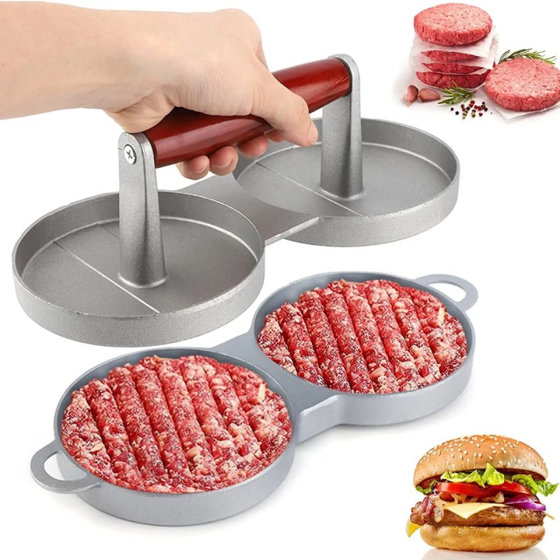 Presa dubla pentru burgeri din aluminiu cu maner din lemni,28.5x12x8.5cm, Naimeed D6998, Gri Presa dubla pentru burgeri din aluminiu cu maner din lemni,28.5x12x8.5cm, Naimeed D6998, Gri