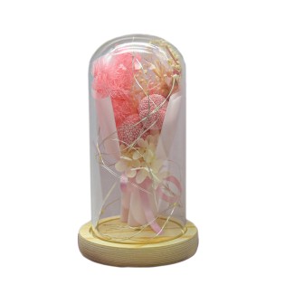 Aranjament floral in cupola de sticla, lumina Led, D4002, Roz