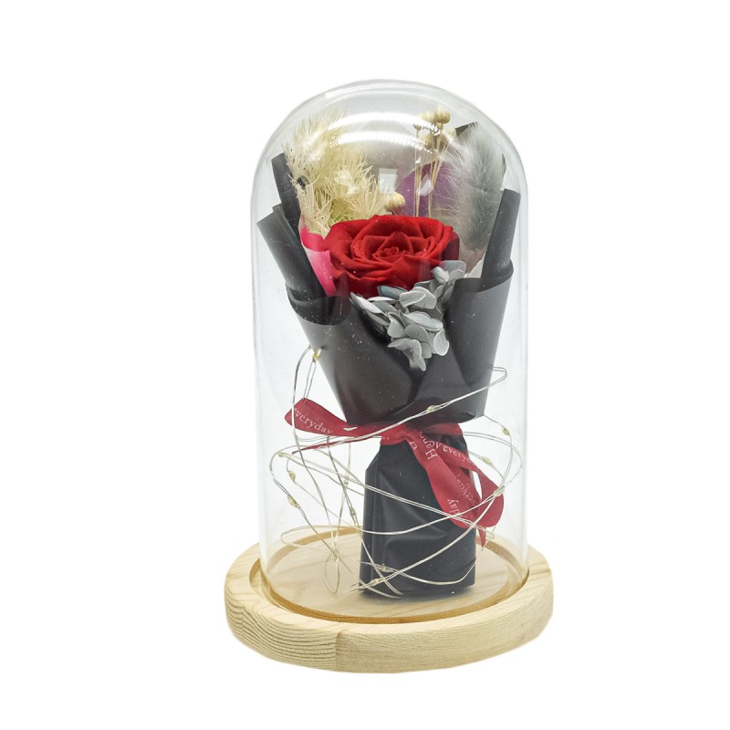 Aranjament floral in cupola de sticla, lumina Led, D4003, Rosu