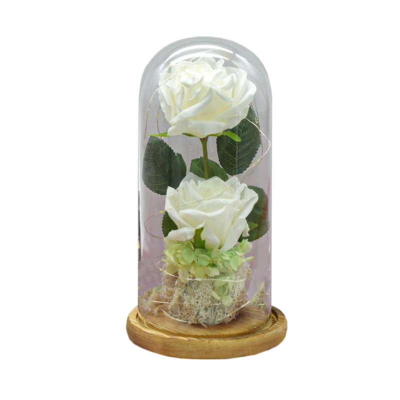 Aranjament floral in cupola de sticla, lumina Led, D4011, Alb