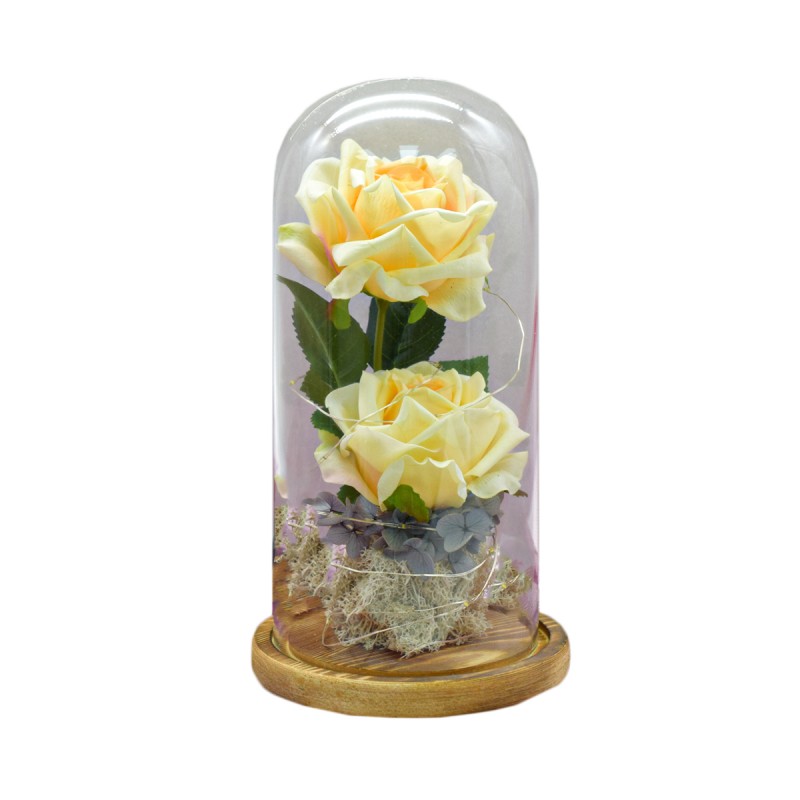 Aranjament floral in cupola de sticla, lumina Led, D4011, Portocaliu