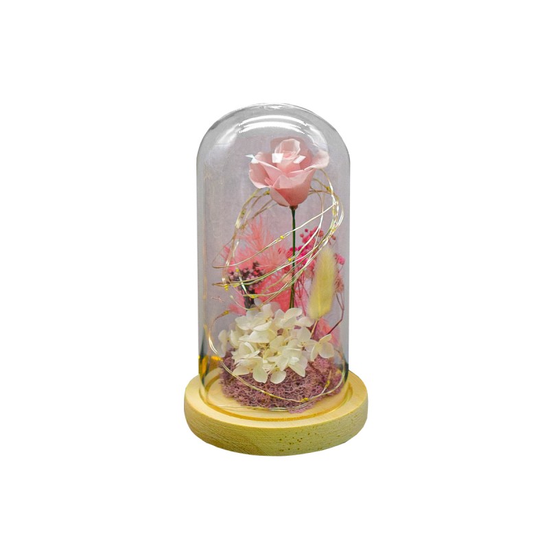 Aranjament floral in cupola de sticla, lumina Led, D4012, Roz Aranjament floral in cupola de sticla, lumina Led, D4012, Roz