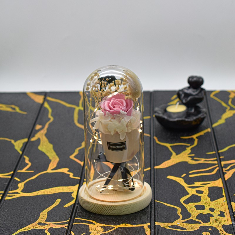 Aranjament floral in cupola de sticla, lumina Led, D4015, Roz Aranjament floral in cupola de sticla, lumina Led, D4015, Roz