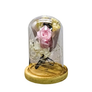 Aranjament floral in cupola de sticla, lumina Led, D4016, Roz
