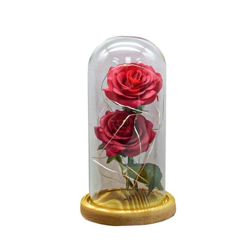 Aranjament floral in cupola de sticla, lumina Led, D4022, Rosu
