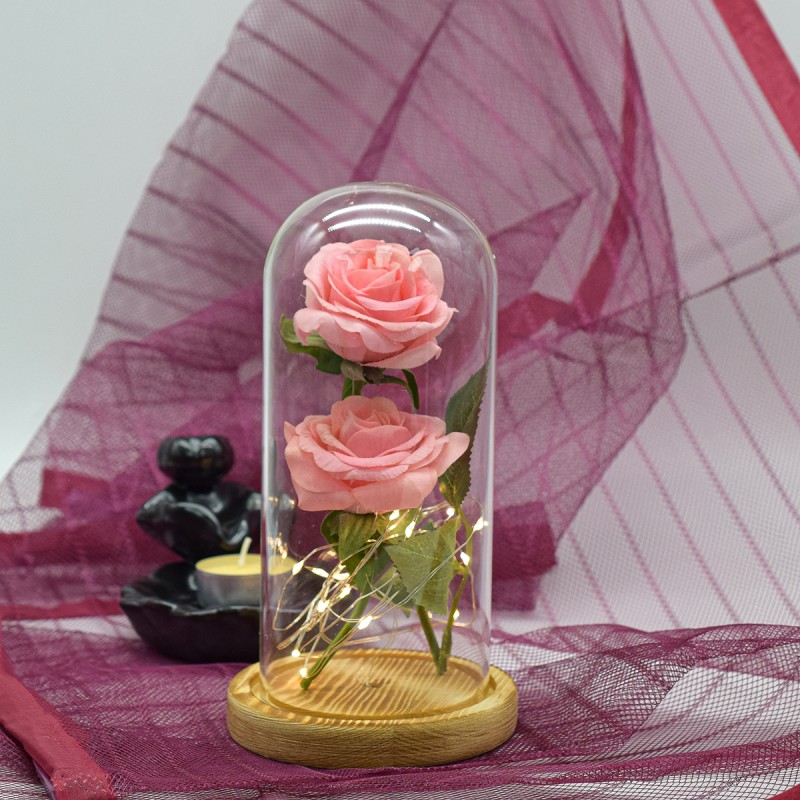 Aranjament floral in cupola de sticla, lumina Led, D4022, Roz