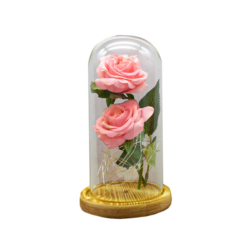 Aranjament floral in cupola de sticla, lumina Led, D4022, Roz