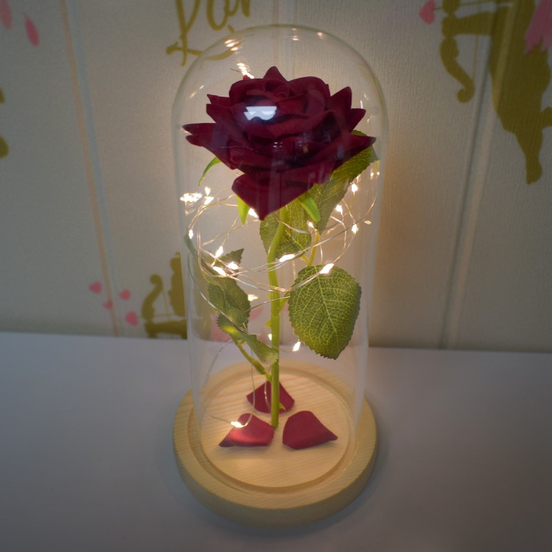 Aranjament floral in cupola de sticla, lumina Led, D4027, Rosu