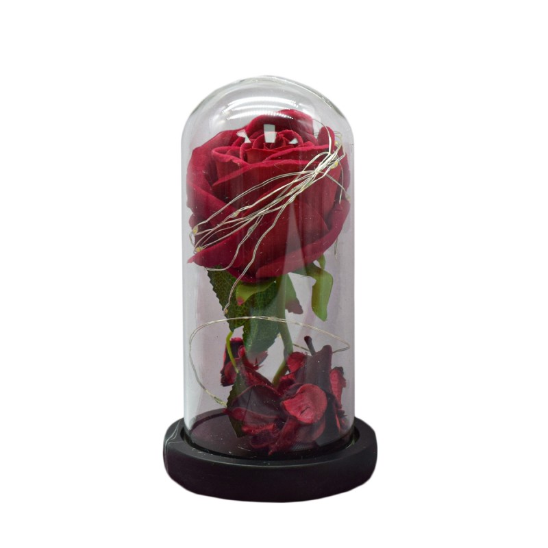 Aranjament floral in cupola de sticla, lumina Led, D4030, Rosu