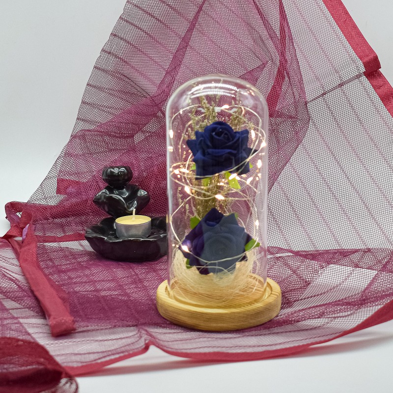 Aranjament floral in cupola de sticla, lumina Led, D4033, Albastru