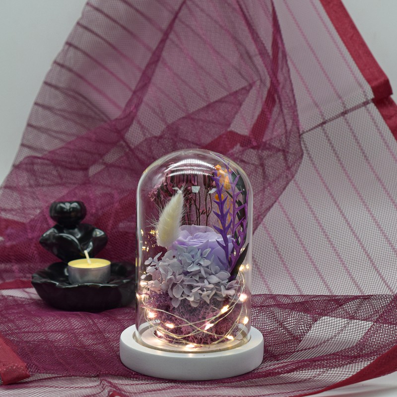Aranjament floral in cupola de sticla, lumina Led, D4034, Mov