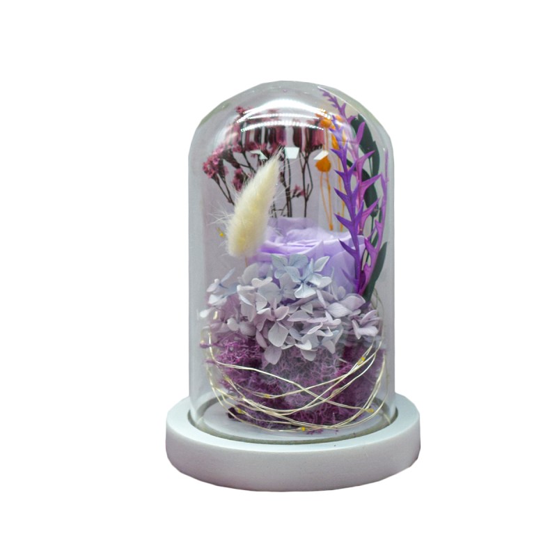 Aranjament floral in cupola de sticla, lumina Led, D4034, Mov