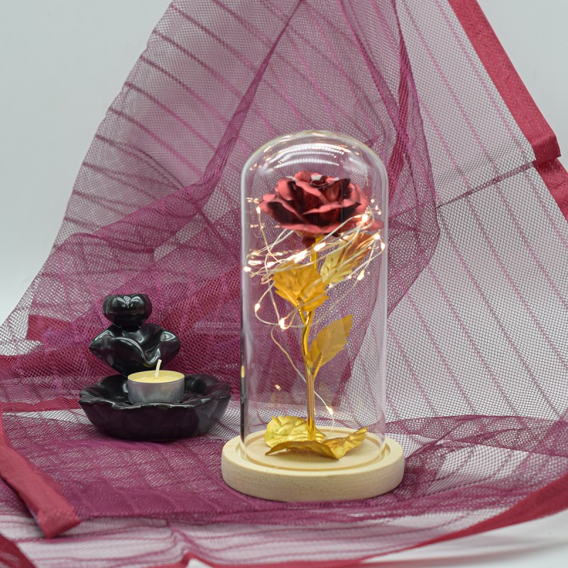 Aranjament floral in cupola de sticla, lumina Led, D4044, Rosu