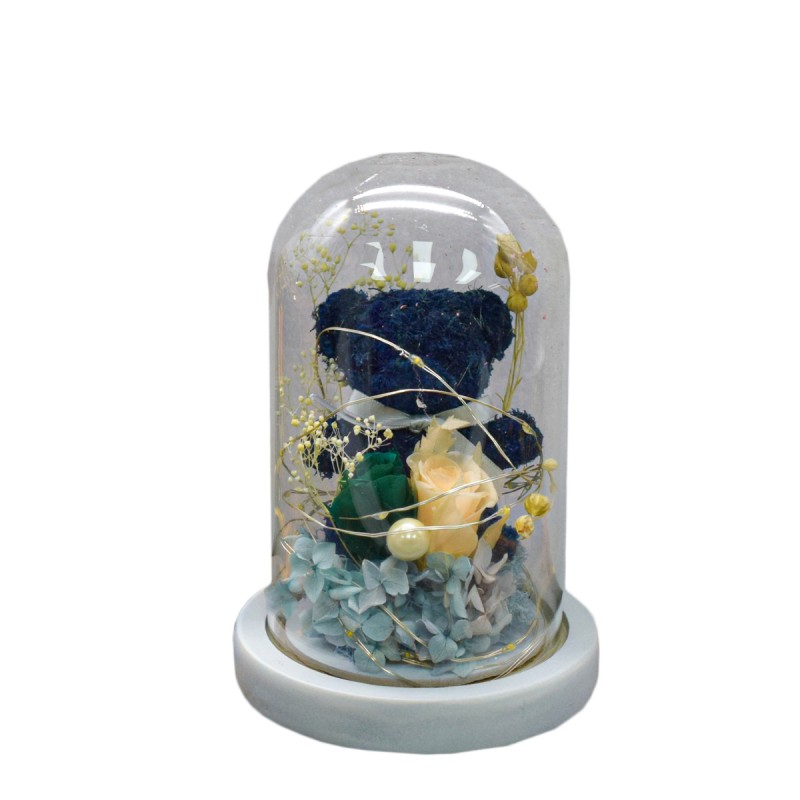 Aranjament floral in cupola de sticla, lumina Led, D4045, Albastru