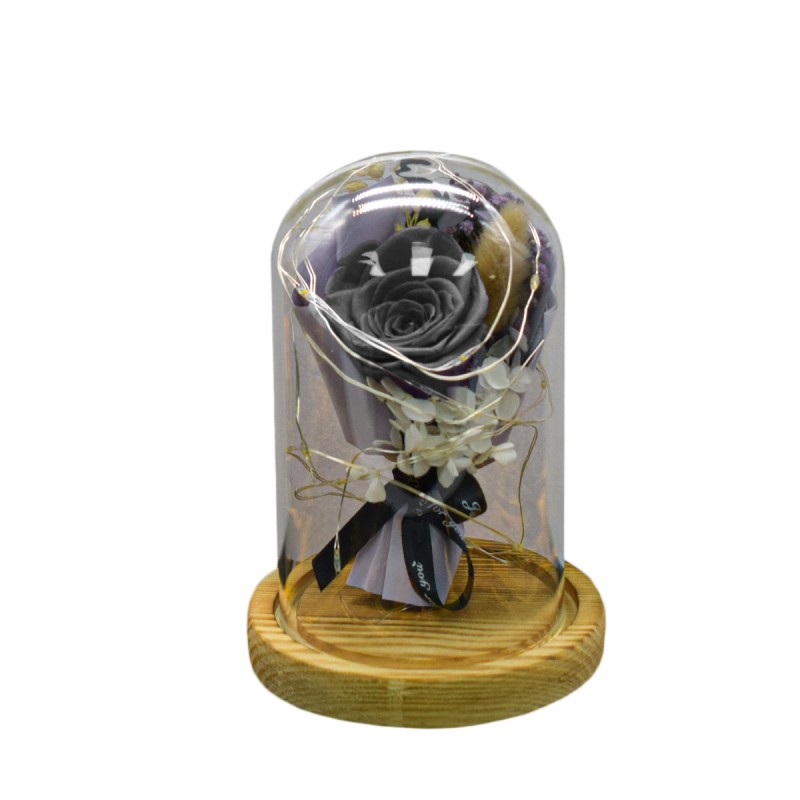Aranjament floral in cupola de sticla, lumina Led, D4046, Negru