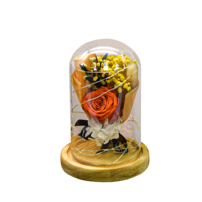 Aranjament floral in cupola de sticla, lumina Led, D4046, Portocaliu