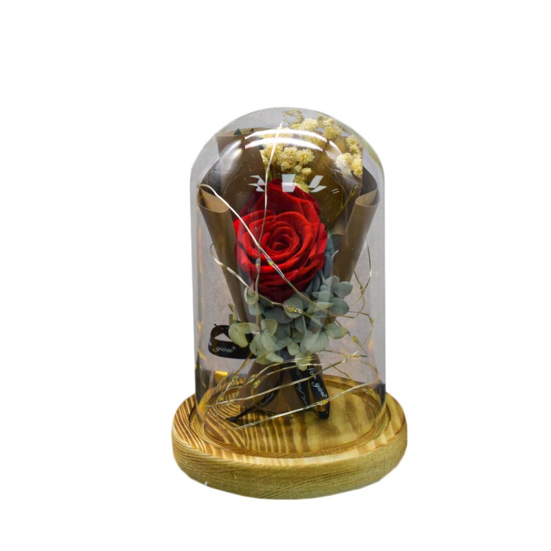 Aranjament floral in cupola de sticla, lumina Led, D4046, Rosu
