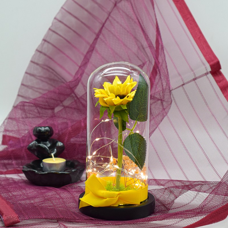 Aranjament floral in cupola de sticla, lumina Led, D4047, Galben