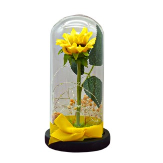 Aranjament floral in cupola de sticla, lumina Led, D4047, Galben Aranjament floral in cupola de sticla, lumina Led, D4047, Galben