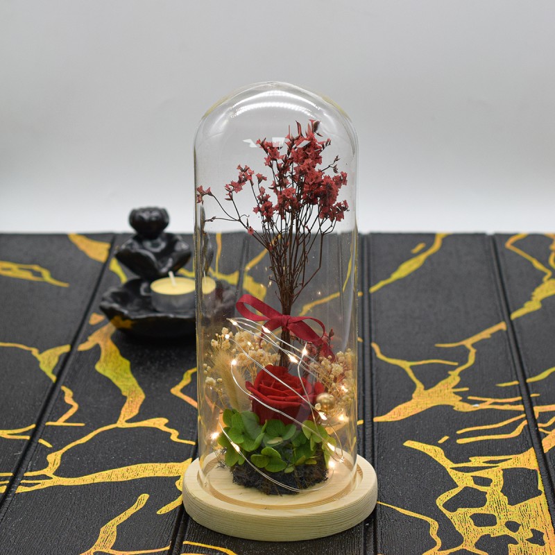 Aranjament floral in cupola de sticla, lumina Led, D4048, Rosu