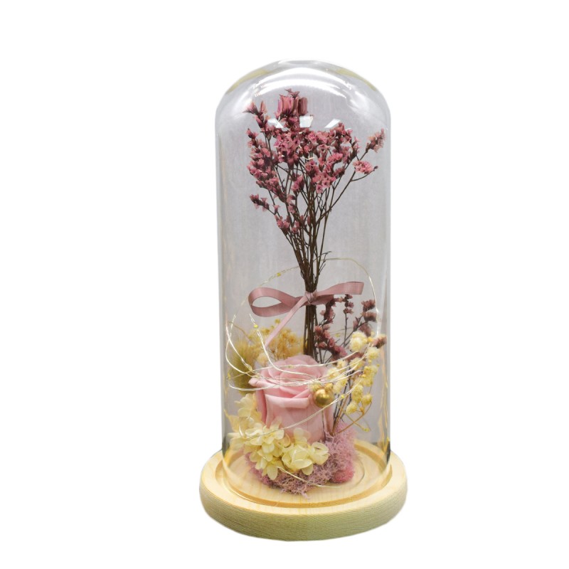 Aranjament floral in cupola de sticla, lumina Led, D4048, Roz