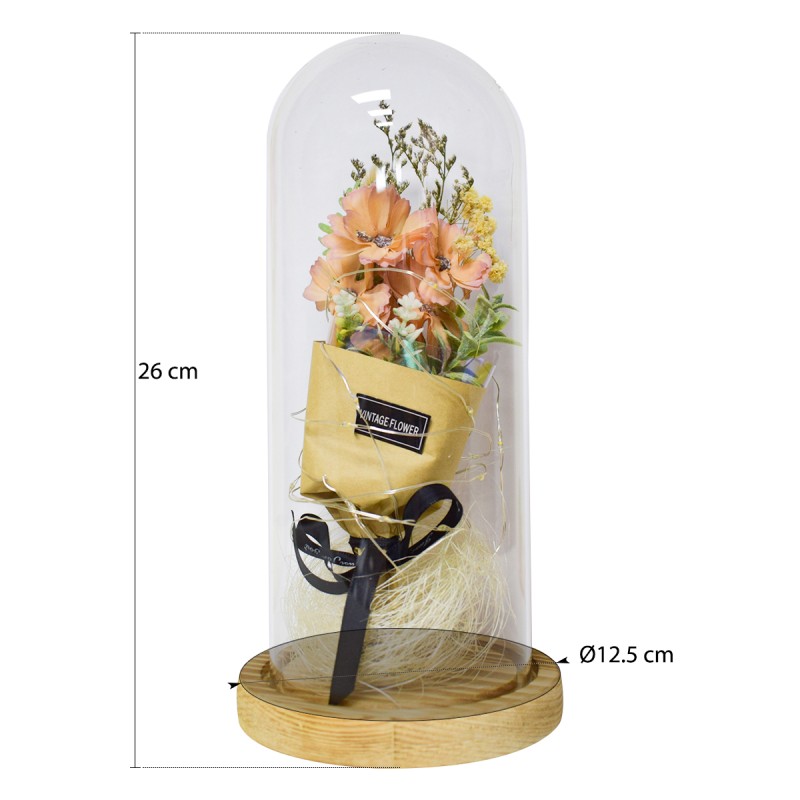 Aranjament floral in cupola de sticla, lumina Led, D4049, Viorele Portocaliu Pal