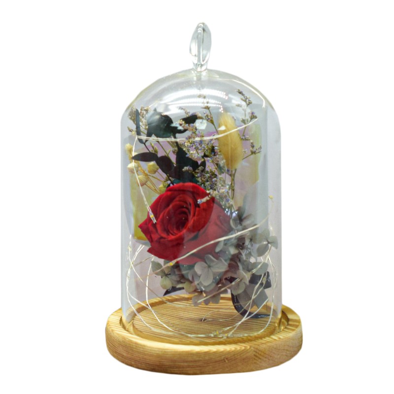 Aranjament floral in cupola de sticla, lumina Led, D4051, Rosu
