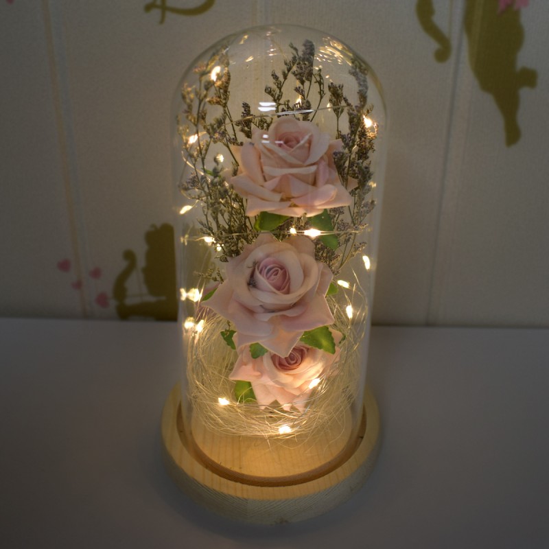Aranjament floral in cupola de sticla, lumina Led, D4052, Portocaliu Pal