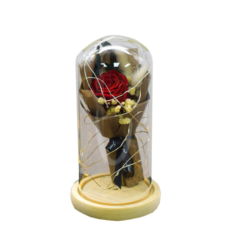 Aranjament floral in cupola de sticla, lumina Led, D4054, Rosu
