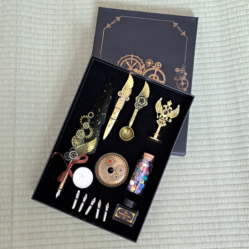Set caligrafie vintage, stilou cu penita, calimara, sigiliu ceara, 5 varfuri de schimb, Naimeed D5228, Negru Set caligrafie vintage, stilou cu penita, calimara, sigiliu ceara, 5 varfuri de schimb, Naimeed D5228, Negru