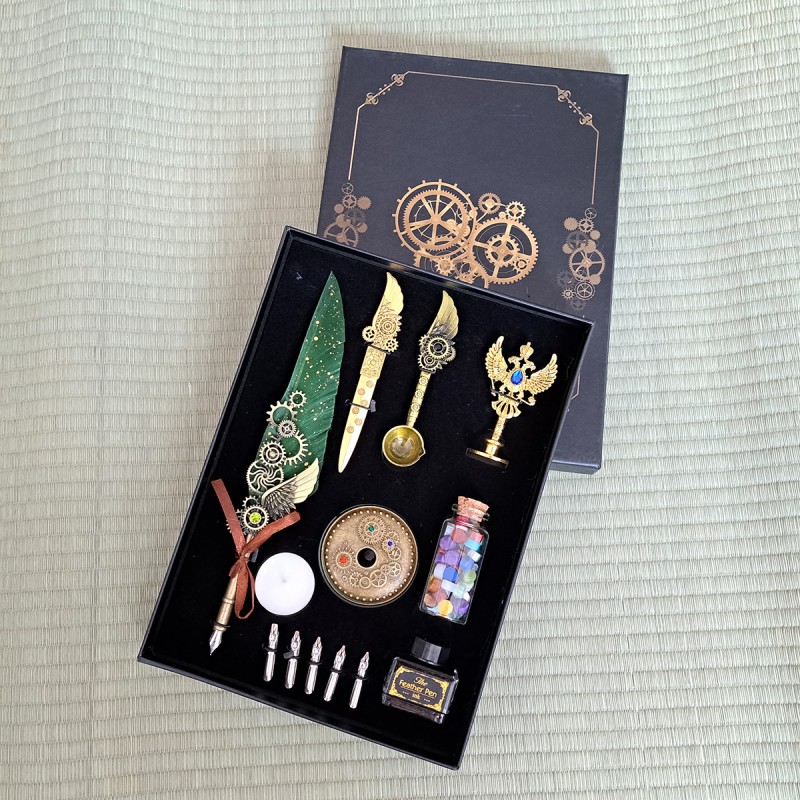 Set caligrafie vintage, stilou cu penita, calimara, sigiliu ceara, 5 varfuri de schimb, Naimeed D5228, Verde