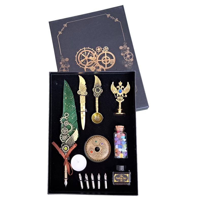Set caligrafie vintage, stilou cu penita, calimara, sigiliu ceara, 5 varfuri de schimb, Naimeed D5228, Verde