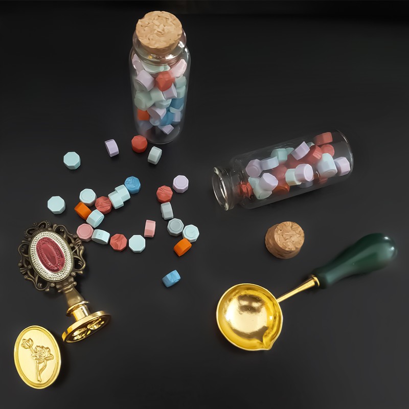 Set 7 piese, sigiliu ceara, Naimeed D5220, 3 stampile, Rosu