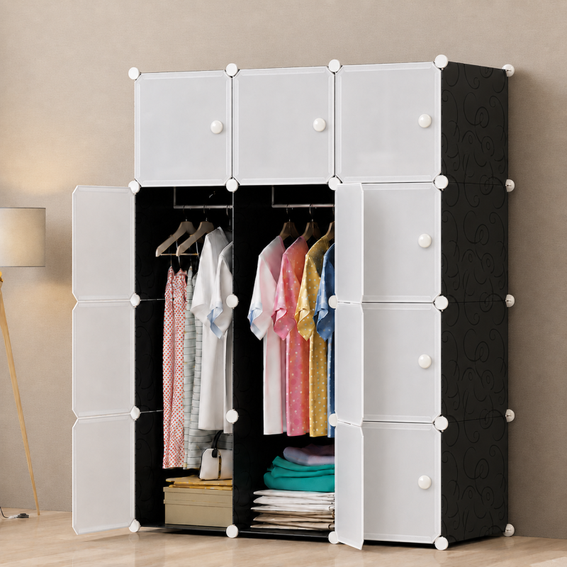 Dulap modular din plastic cu schelet metalic, D2679N, culoare Alb/Negru, 147x111x37 cm